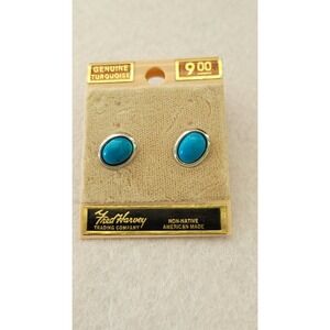 FRED HARVEY TRADING CO Genuine Turquoise Oval Stud Earrings Original Card